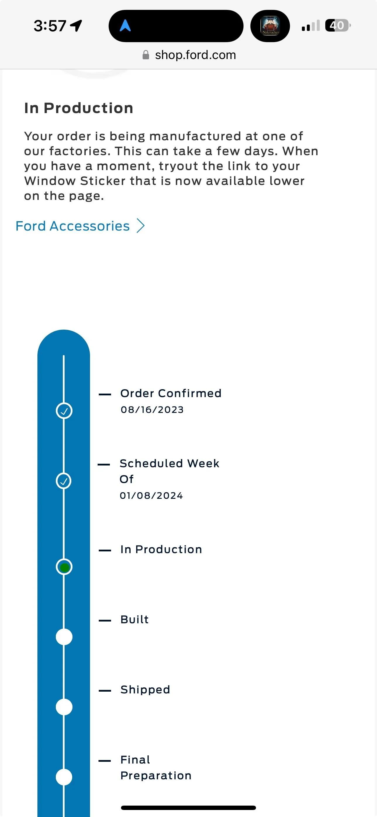 Ford Bronco Bronco Build Week 1/8/2024 Ford Vehicle Order Tracking Status