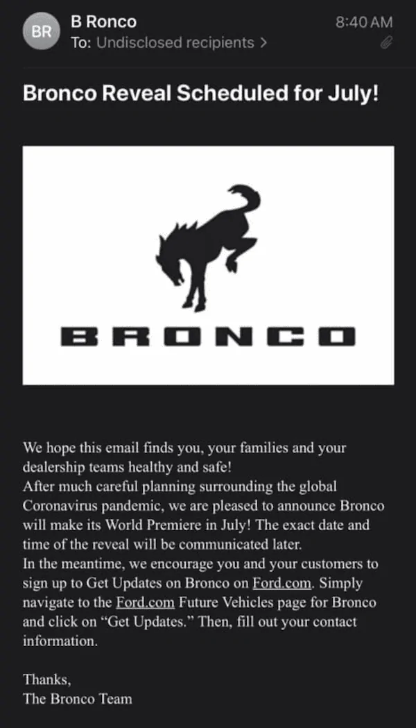 Ford Bronco Bronco reveal has officially been delayed until July Ford Dealer Email Bronco July Reveal