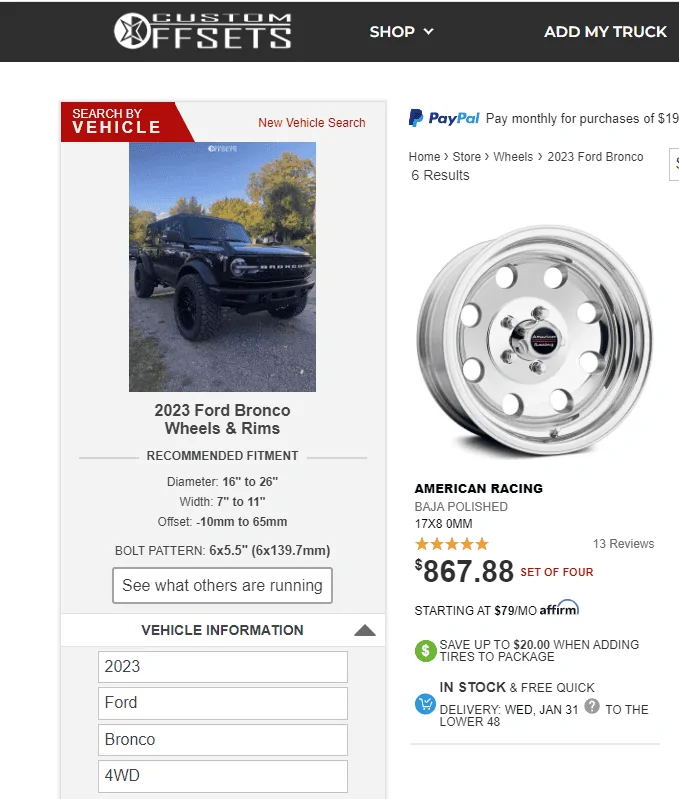 Ford Bronco AR172 POLISHED WHEELS 17X8 WITH 0 OFFSET 1706108614393