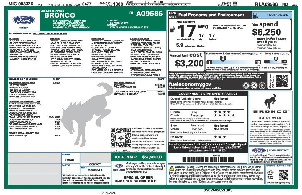 Ford Bronco Bronco Build Week 1/29/2024 Wildtrak Window Sticker - Copy