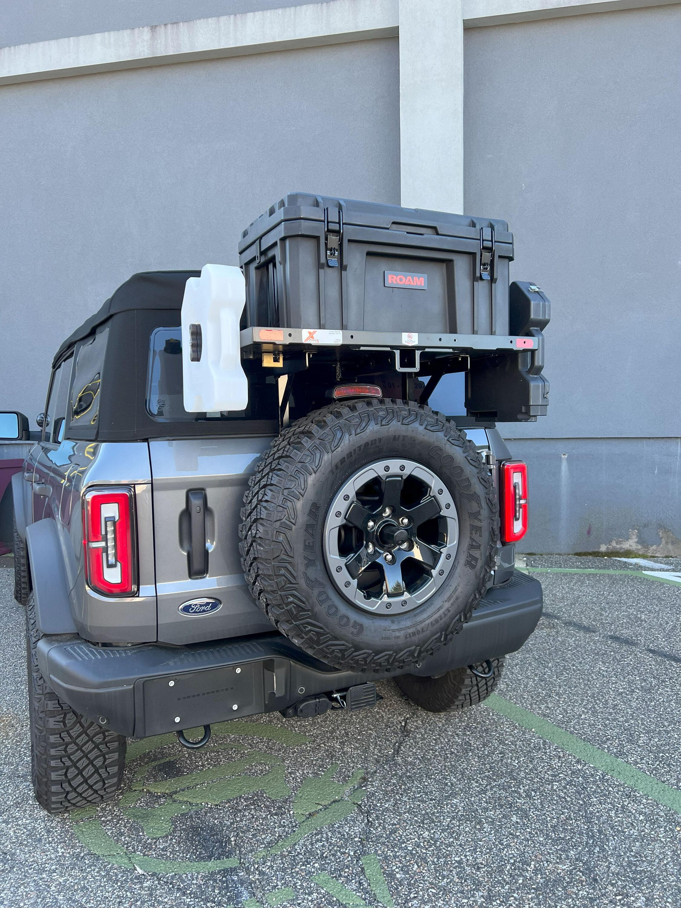 Ford Bronco New X-Rack Fishing Rod Holder modification for Rockslide Engineering EZ-Rack and Rotopax mounts OSTB with Rotopax and roam box