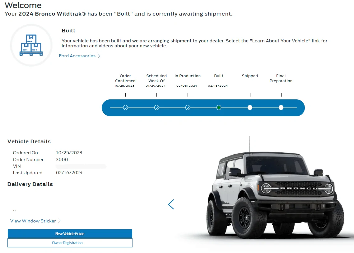 Ford Bronco Bronco Build Week 1/29/2024 Pizza Tracker - Built