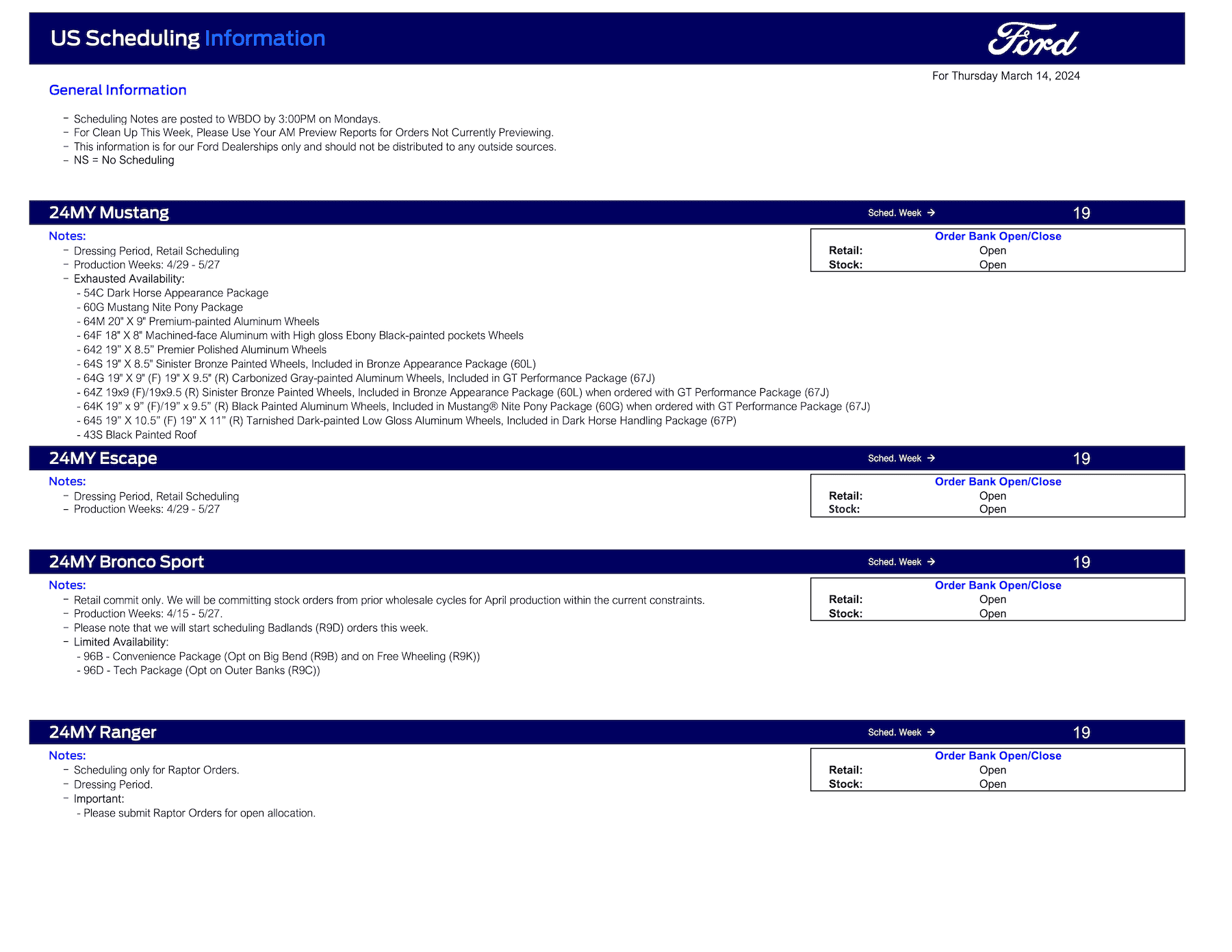 Ford Bronco 2024 Bronco Priority Scheduling This Week (3/14/24) for Production Weeks 4/29 - 5/27 for Raptor, Heritage, Heritage Limited and Everglades Ford Scheduling Notes - 3.11.24-1
