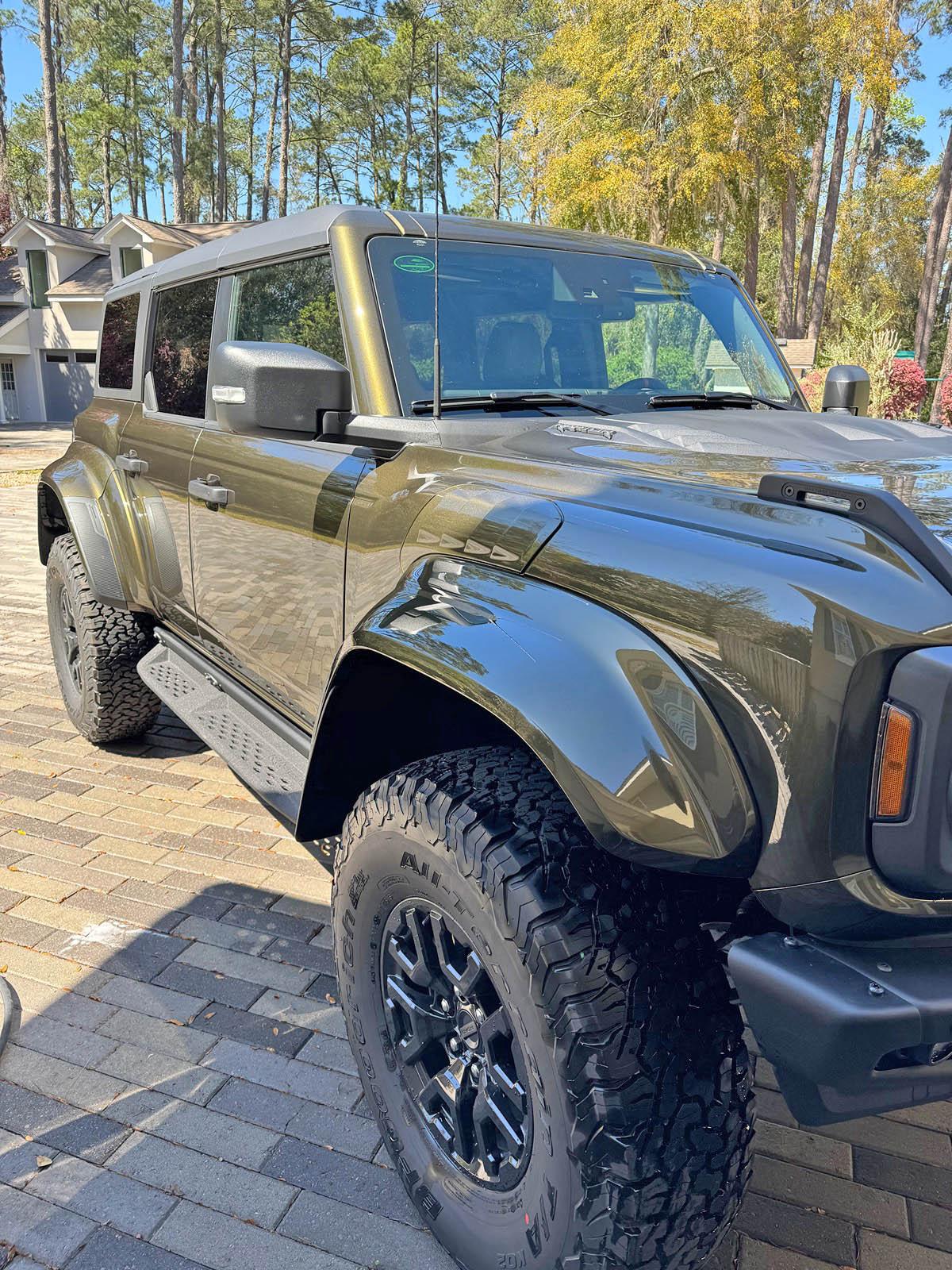 Ford Bronco Shelter Green 2024 Bronco Raptor in garage. sheltergreen-2024-bronco-raptor2