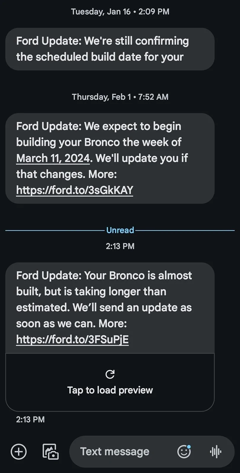Ford Bronco Bronco build week 3/11/2024 Screenshot_20240321_151451_Messages