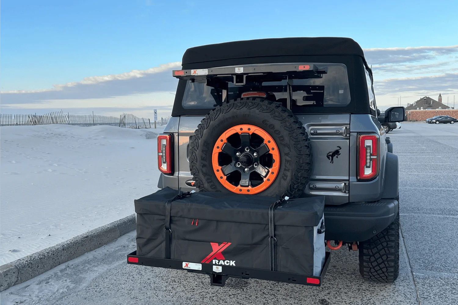 Ford Bronco Portable storage solution -- $100 DIY hitch mounted rack from Harbor Freight UHD-One with cargo bag on bronco 1500x1000