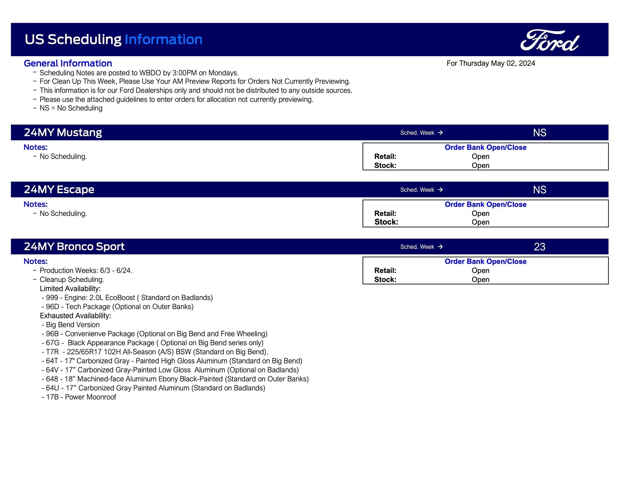 Ford Bronco 2024 Bronco No Scheduling This Week (5/2/24) Ford Scheduling Notes - 4.29.24-1