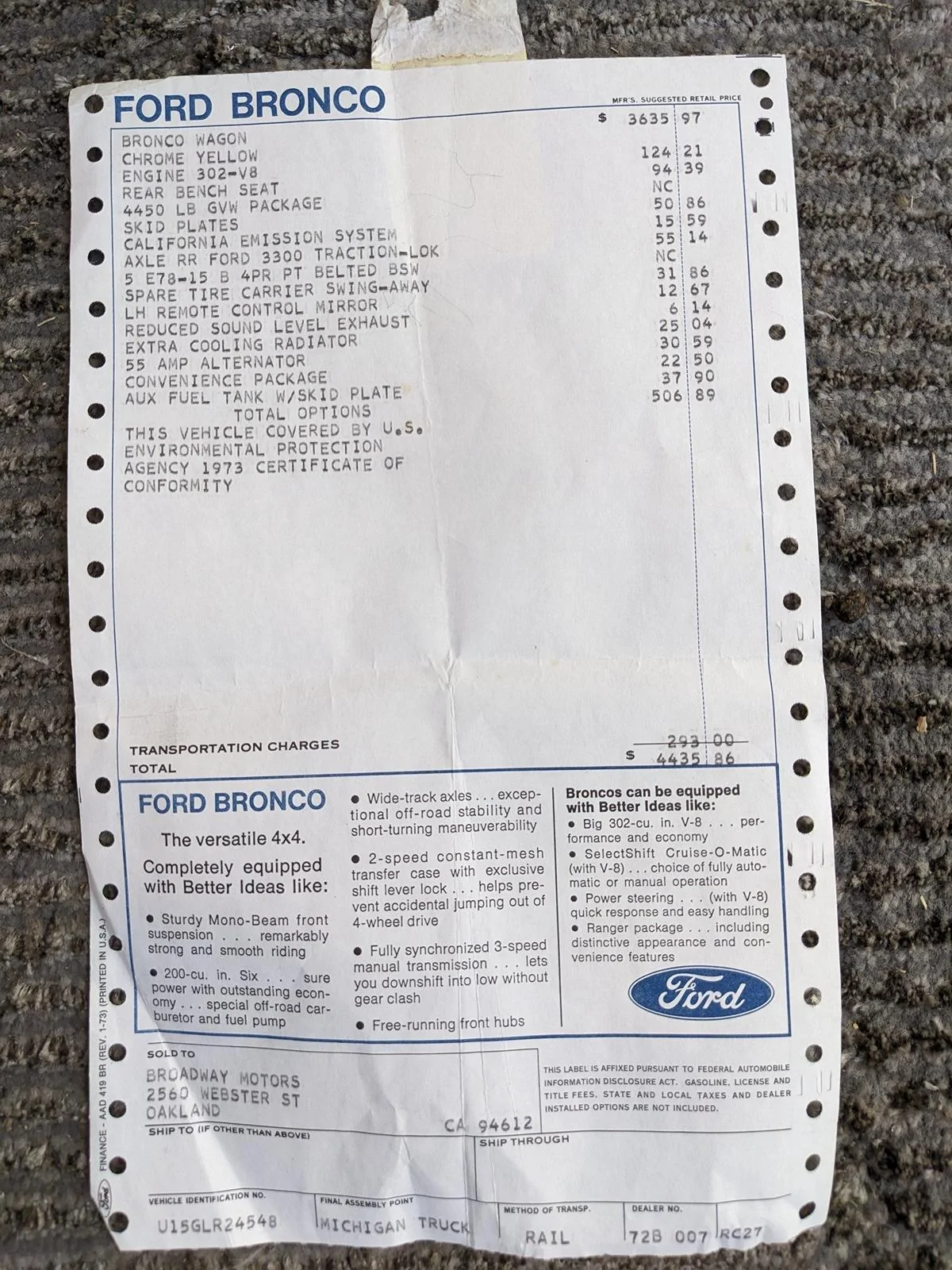 Ford Bronco 1973 Bronco window sticker PXL_20240426_233506016