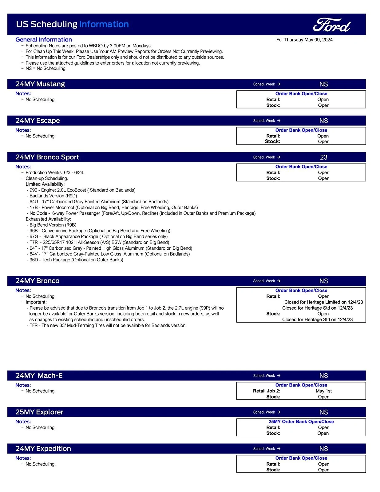 Ford Bronco 2024 Bronco No Scheduling This Week (5/9/24) Ford Scheduling Notes - 5.6.24-1
