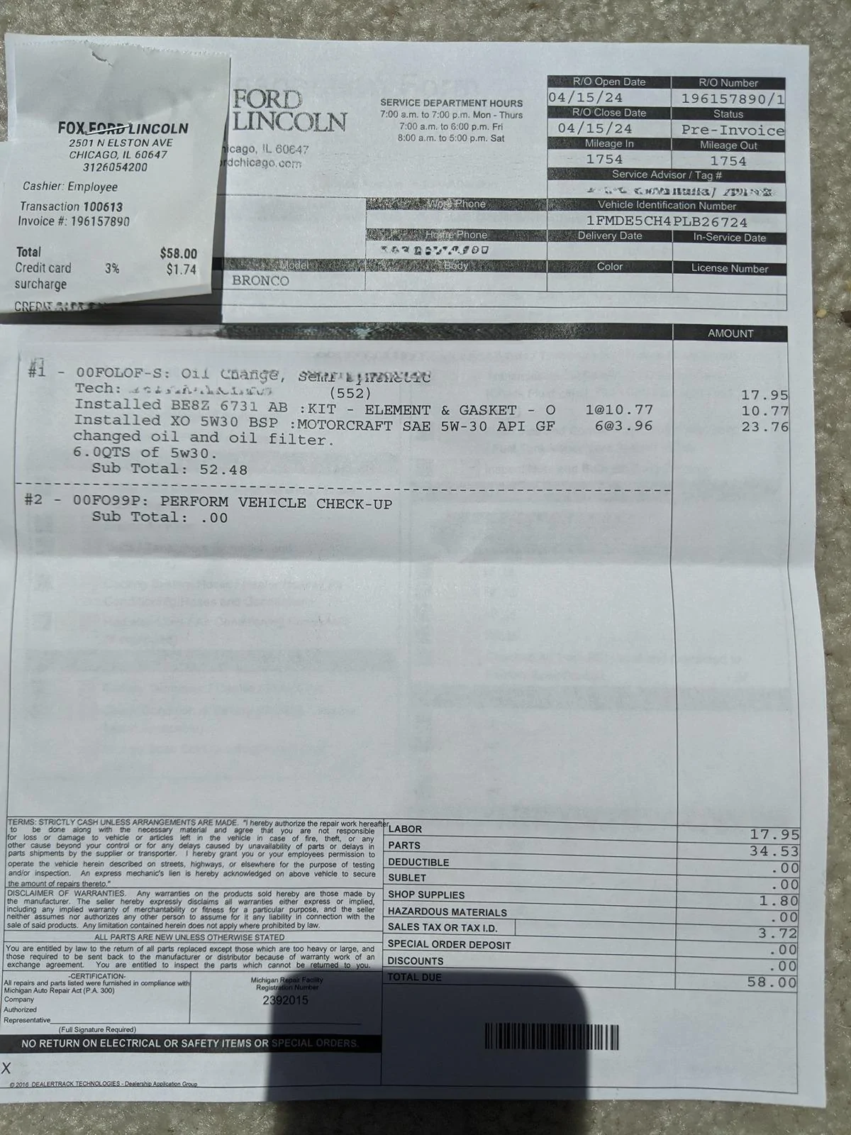 Ford Bronco Oil Change Experience oil-change-invoice-redacted