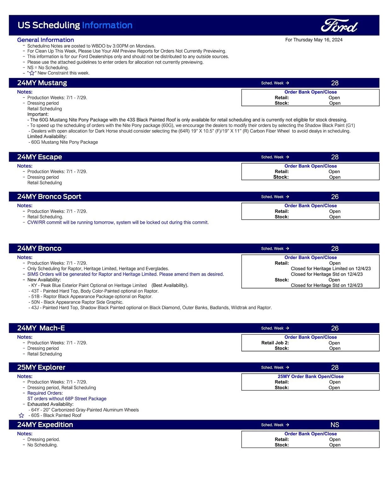 Ford Bronco 2024 Bronco Scheduling This Week (5/16/24) for Production Weeks 7/1 - 7/29 Ford Scheduling Notes - 5.13.24-1