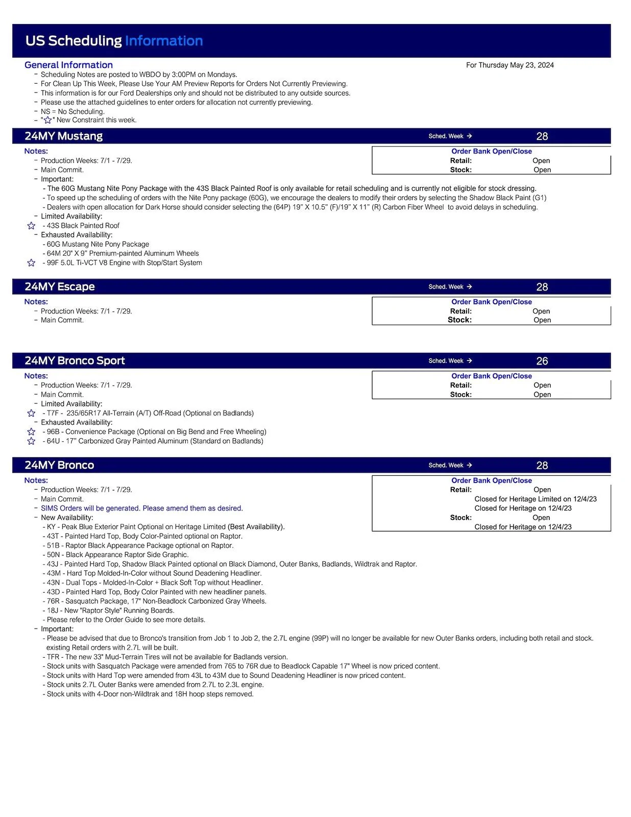 Ford Bronco 2024 Bronco Scheduling This Week (5/23/24) for Production Weeks 7/1 - 7/29 US Ford Scheduling Notes - 5.20.24-1