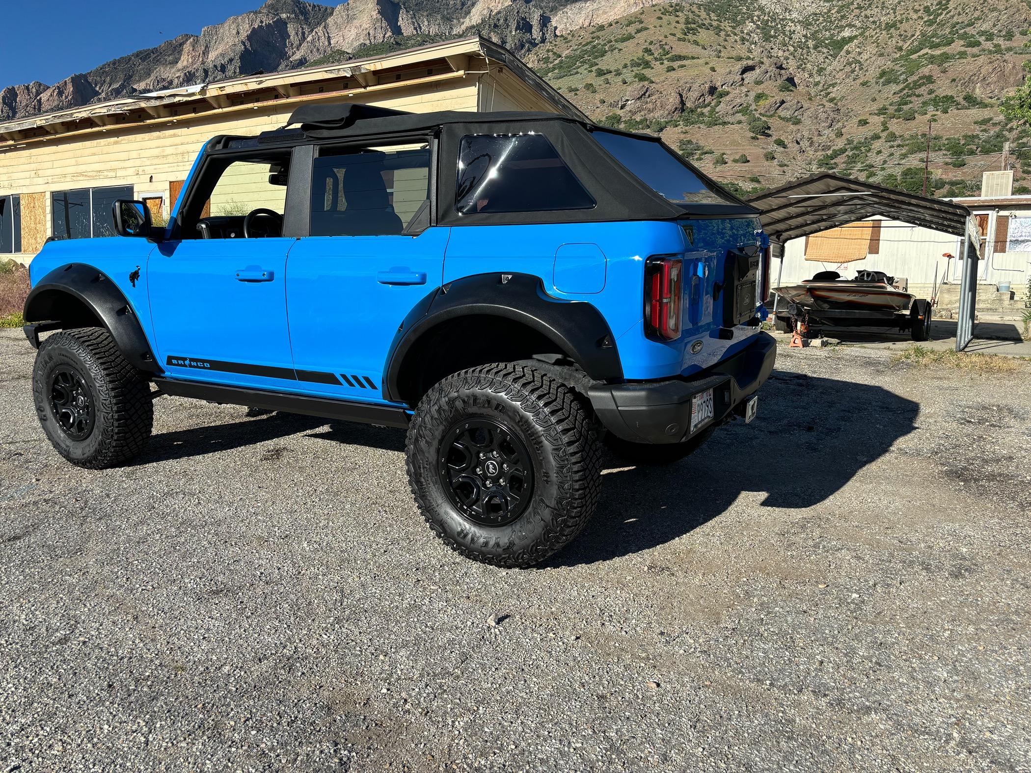 Ford Bronco Bushwacker flares installed on custom paint Grabber Blue Bronco IMG_0293