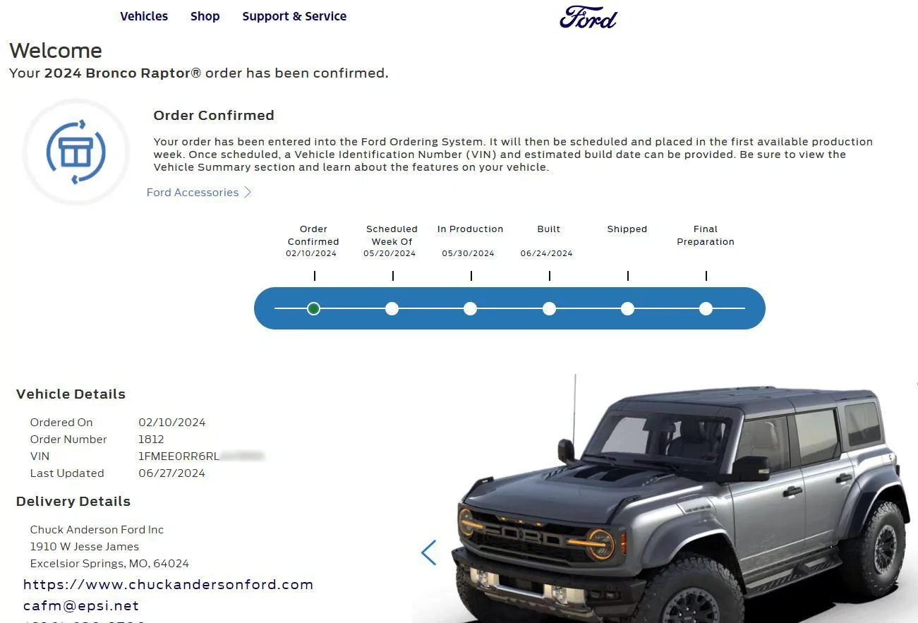 Ford Bronco Bronco Build week 4/29 6 28 2024 I think it shipped  when the tracker is fubard copy
