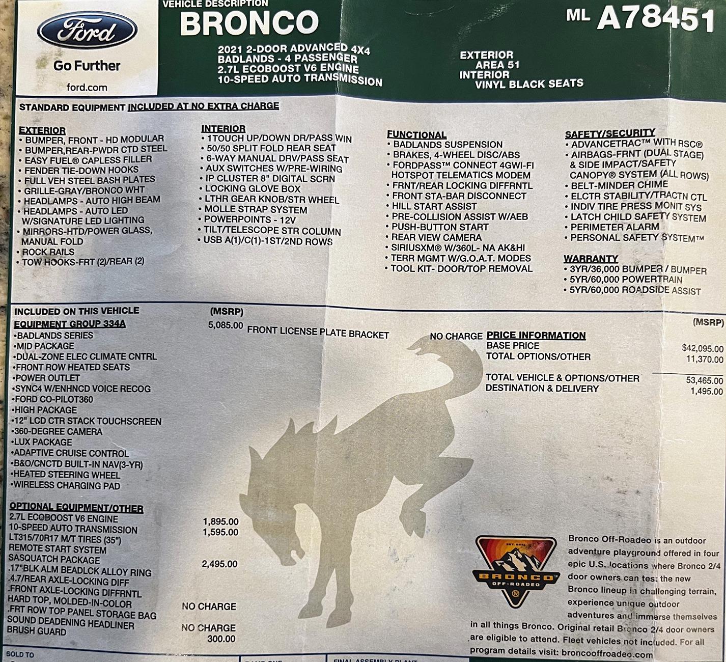 Ford Bronco '21 Badlands Sasquatch 2dr, 2.7L Lux window sticker