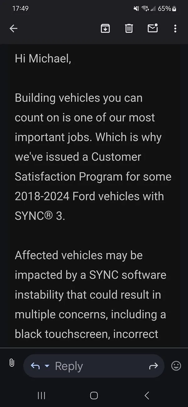 Ford Bronco Customer satisfaction program to update SYNC Screenshot_20240802_174951_Gmail
