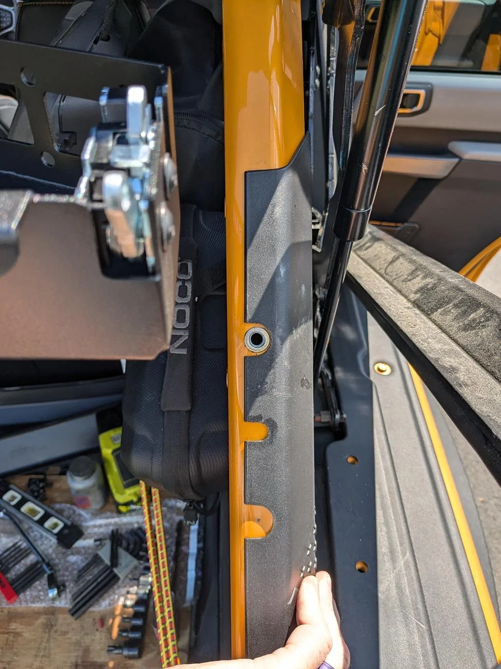 Ford Bronco '21 roll bar rivet nuts retrofitted (mounting holes / locations drilled in rollbar) PXL_20240902_170852712