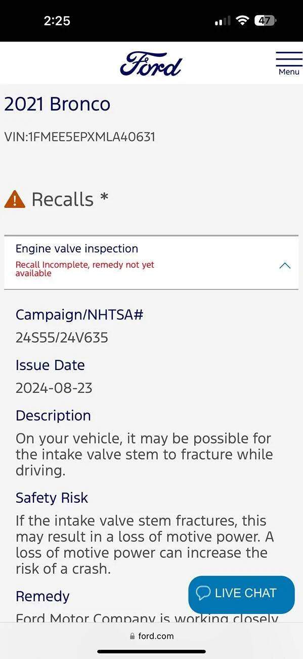 Ford Bronco Safety Recall 24S55 - 2.7L Engine Valve Inspection IMG_5976