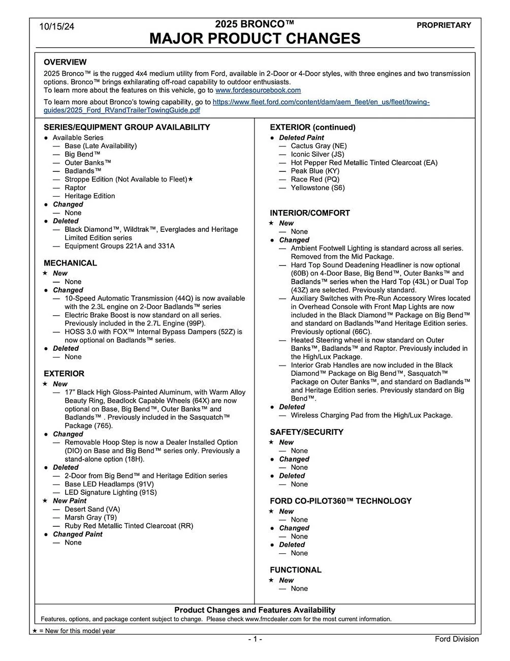Ford Bronco 2025 Bronco Order Guide Released! 2025 Bronco Order Guide (10-15-24)-changes-1