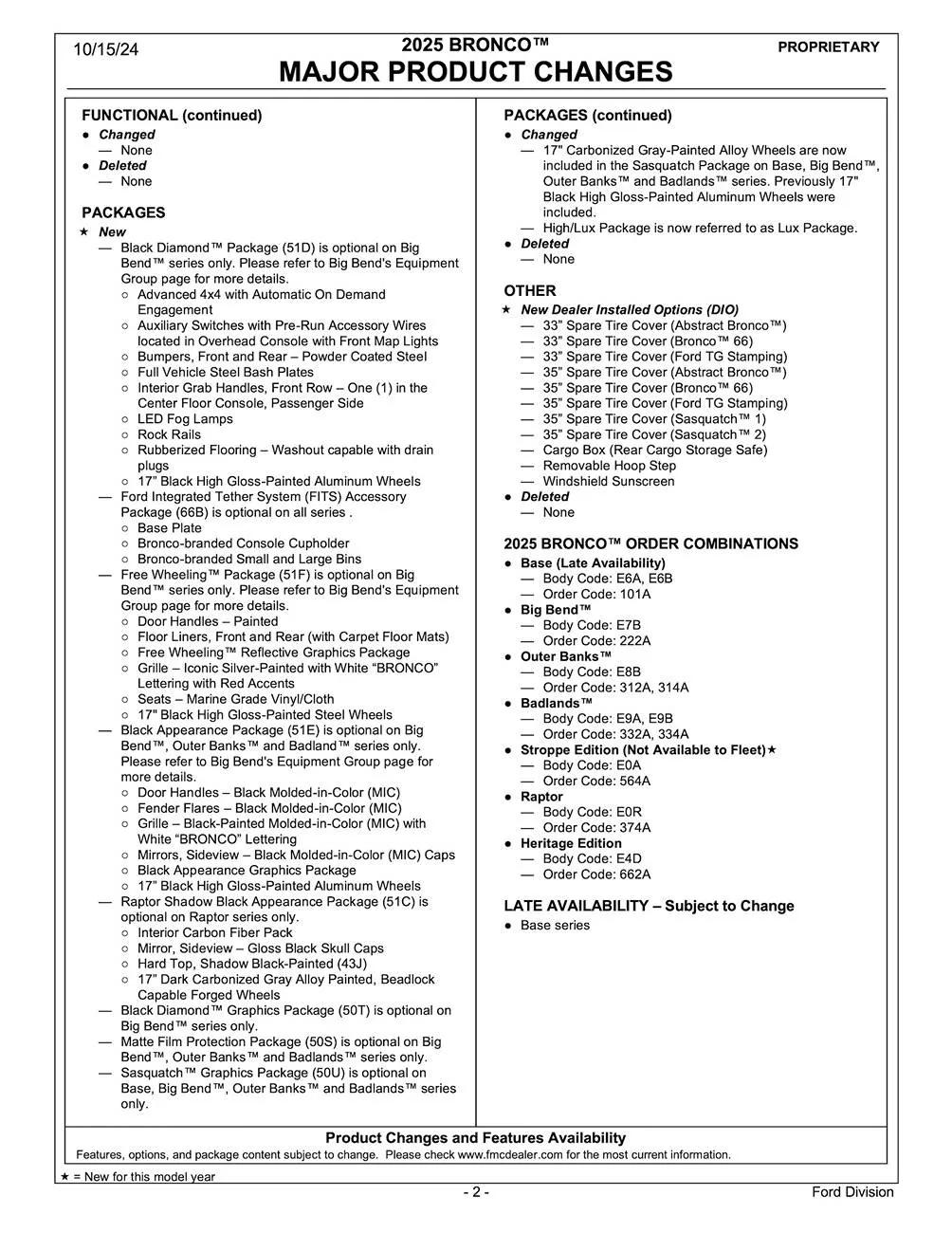 Ford Bronco 2025 Bronco Order Guide Released! 2025 Bronco Order Guide (10-15-24)-changes-2
