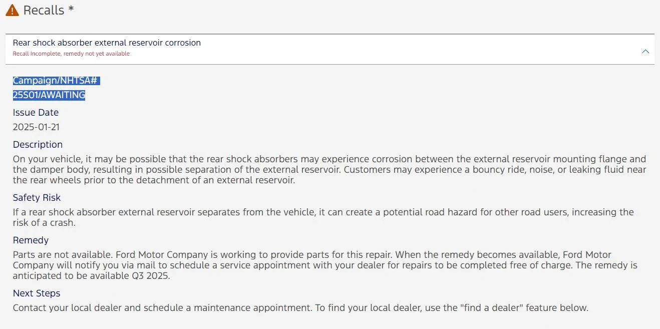 Ford Bronco Recall: Rear Shock Absorber External Reservoir Corrosion (Safety Recall 25S01 - January 21, 2025) Capture999