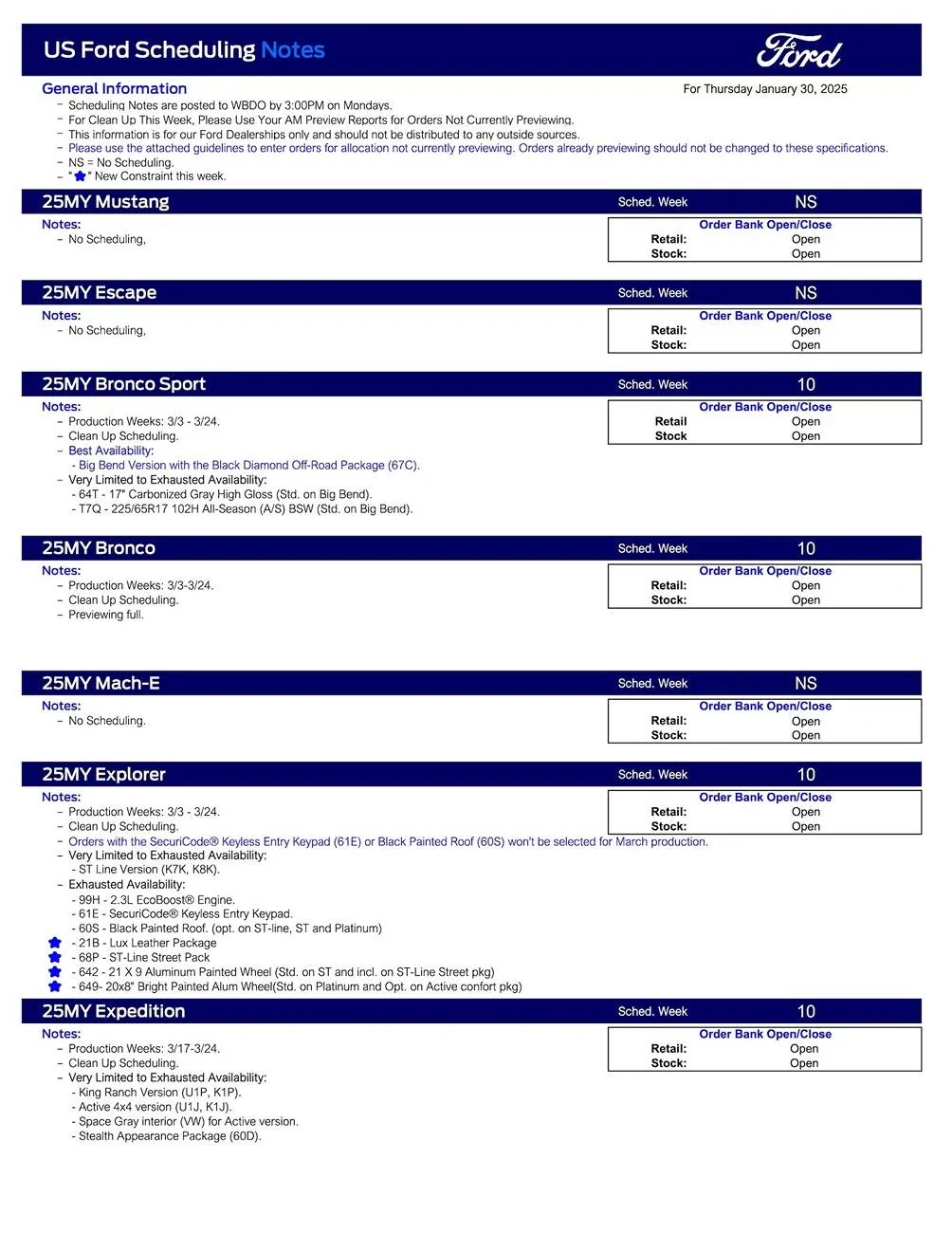 Ford Bronco 2025 Bronco Scheduling This Week (1/30/25) for Production Weeks 3/3 - 3/24 US Ford Scheduling Notes - 1.27.25-1