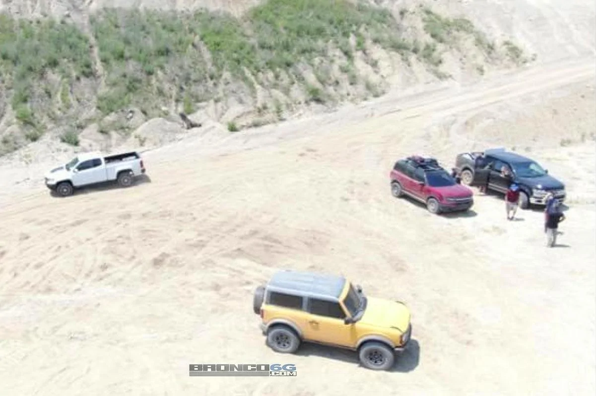 Ford Bronco Spied: Uncovered 2-door Bronco and Bronco Sport in the wild from overhead 2021 Broncos Testing Dron