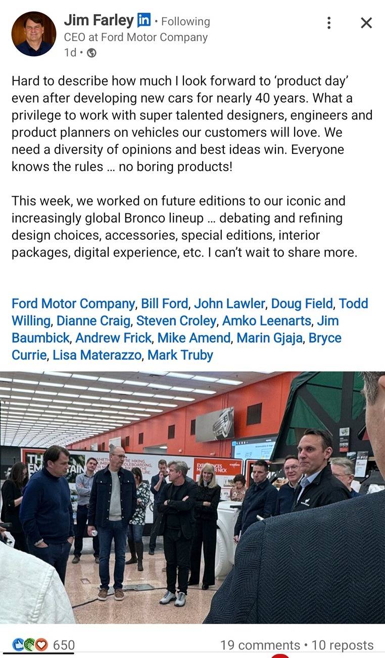 Ford Bronco Special editions, future interior, etc... Farley from Bronco product day Screenshot_20250222_173038_LinkedIn