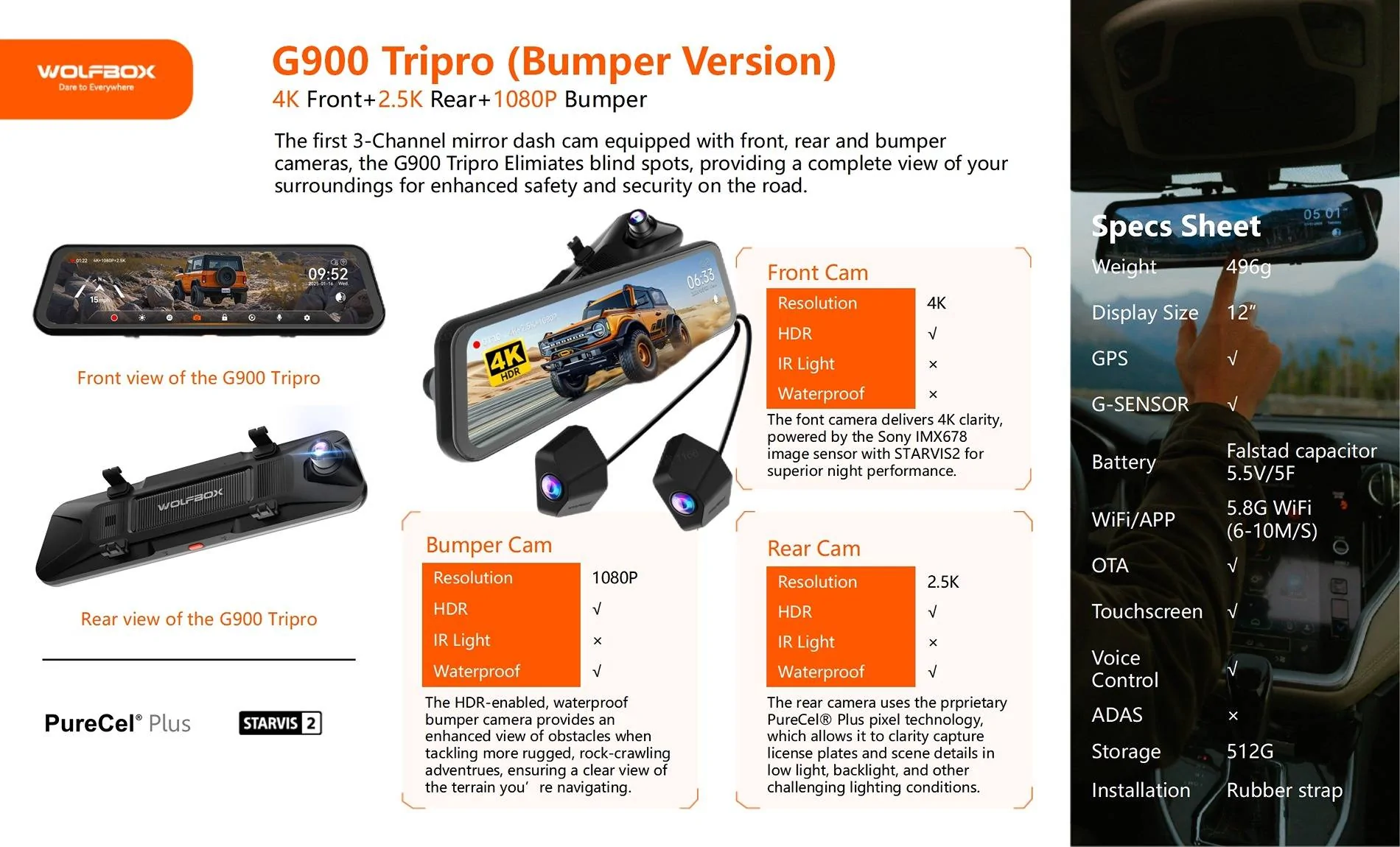 Ford Bronco WOLFBOX G900 Tripro Dash Cam - Designed for Off-roading! Up to $50 off TP bumper version