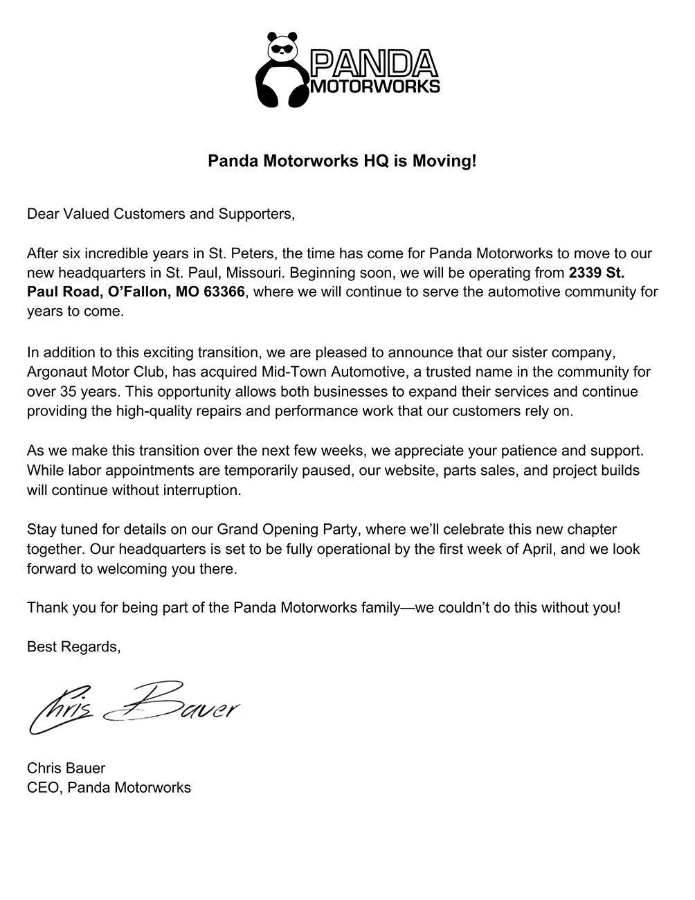 Ford Bronco Panda Motorworks Moving Sale! Moving Letter