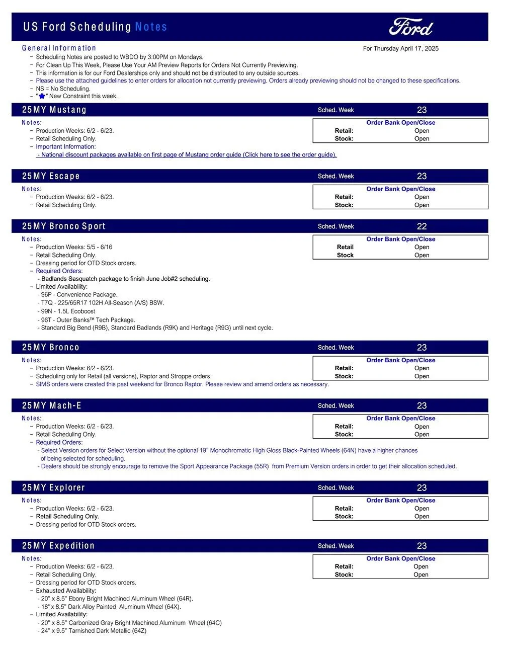 Ford Bronco 2025 Bronco Scheduling This Week (4/17/25) for Production Weeks 6/2 - 6/23 US Ford Scheduling Notes - 4.15.25-1