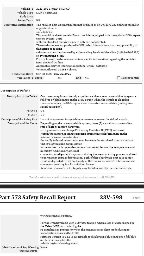 Ford Bronco New Recall #23S48 - REPLACE REAR VIEW CAMERA 1746108464531-2