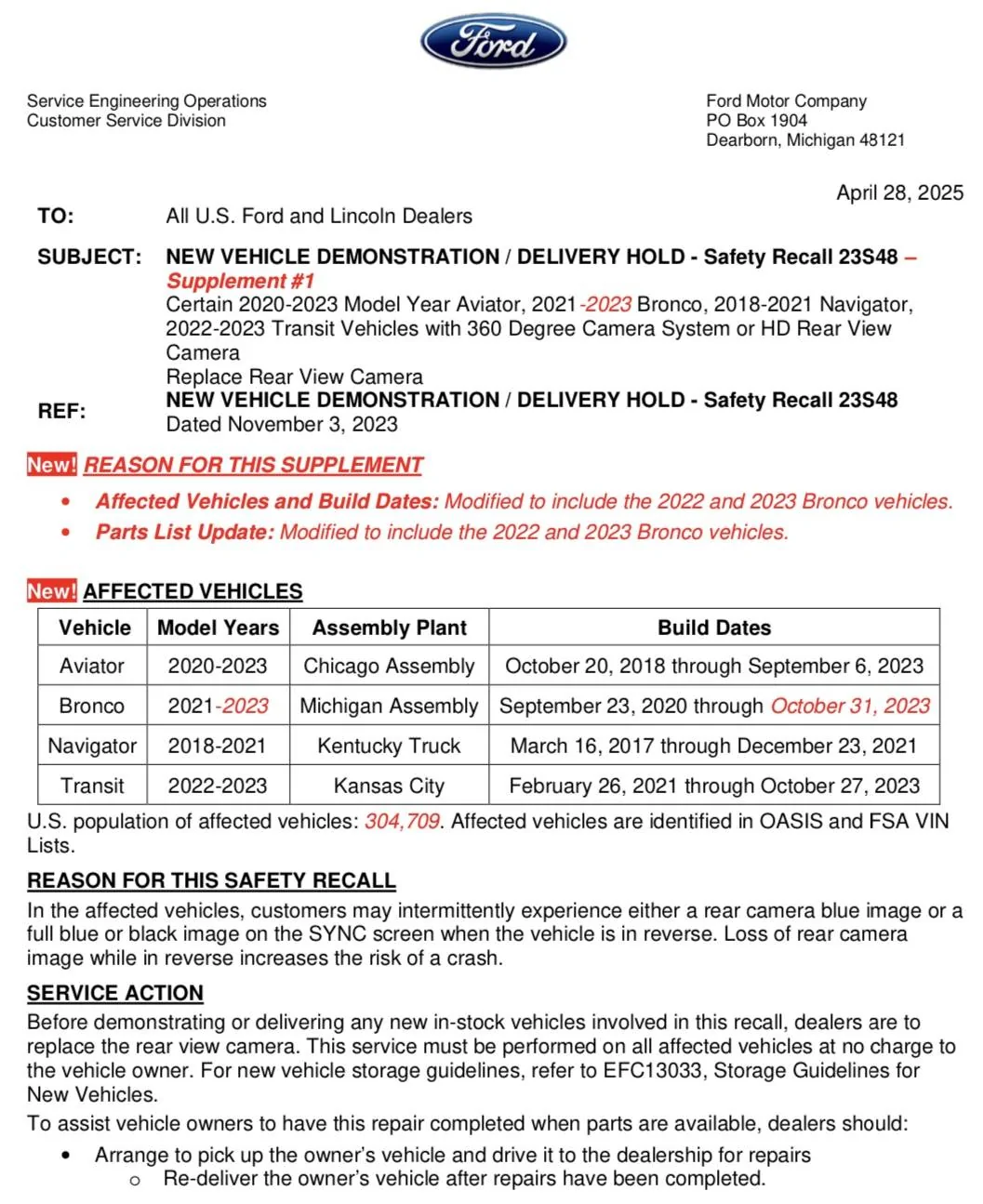 Ford Bronco New Recall #23S48 - REPLACE REAR VIEW CAMERA IMG_7487