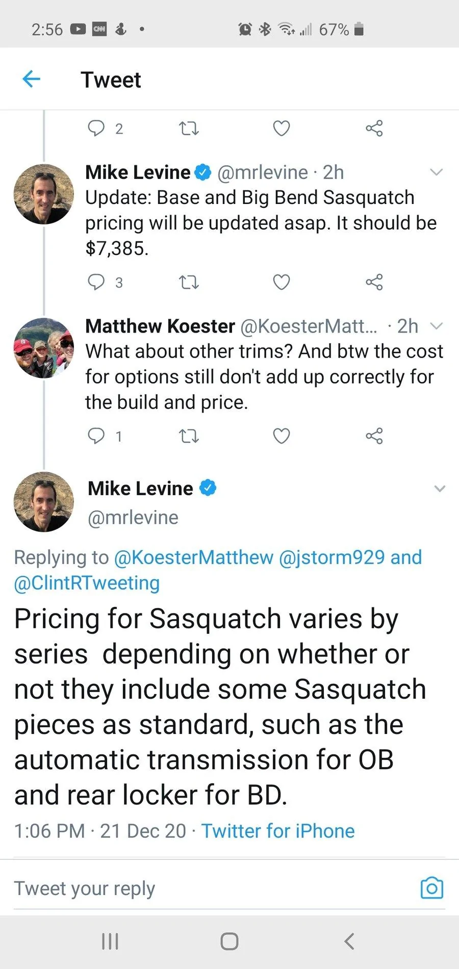 Ford Bronco Latest Levine: Base & Big Bend Sasquatch pricing should be $7,385 Screenshot_20201221-145655_Twitter