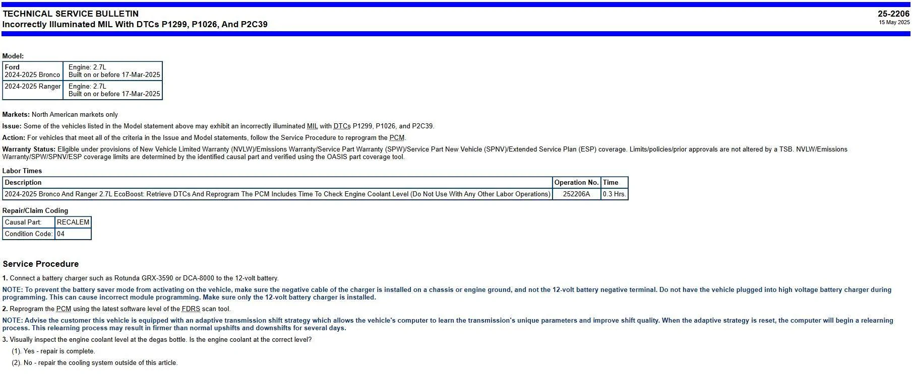 TSB 25-2206: 2024-2025 2.7L Incorrectly Illuminated MIL (Check Engine ...