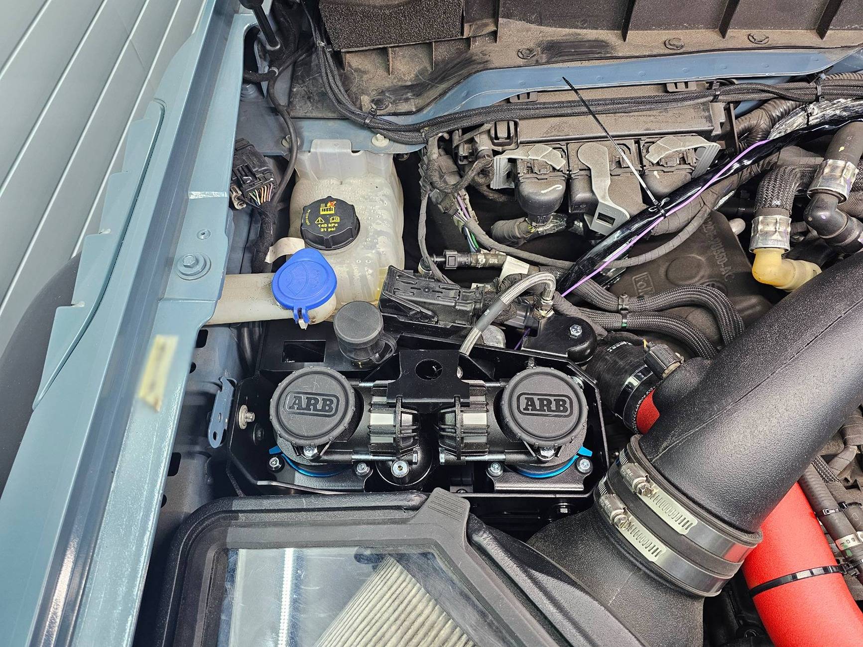 Ford Bronco ARB twin compressor installed with Grimm speed bracket sketch-1751602819410