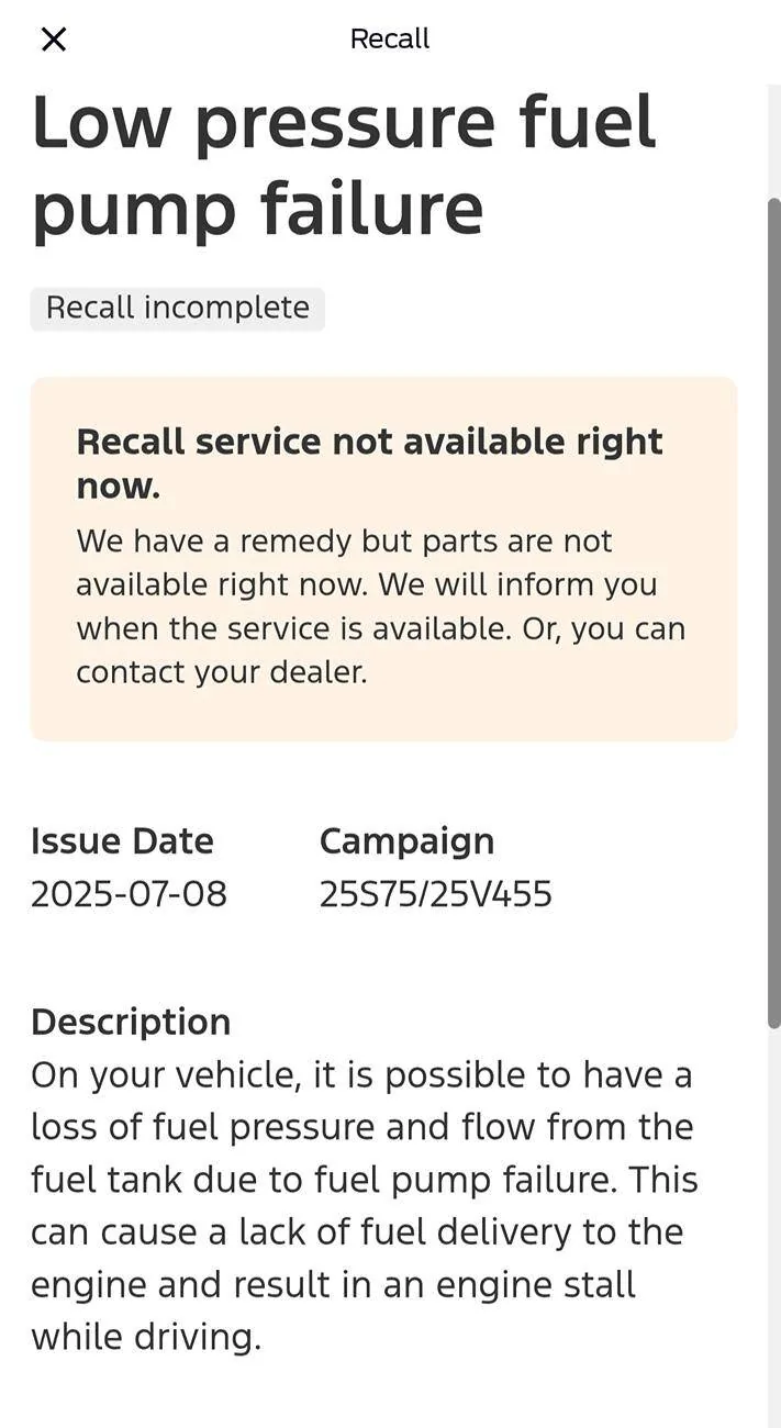 Ford Bronco Low pressure fuel pump failure - recall 1000005893