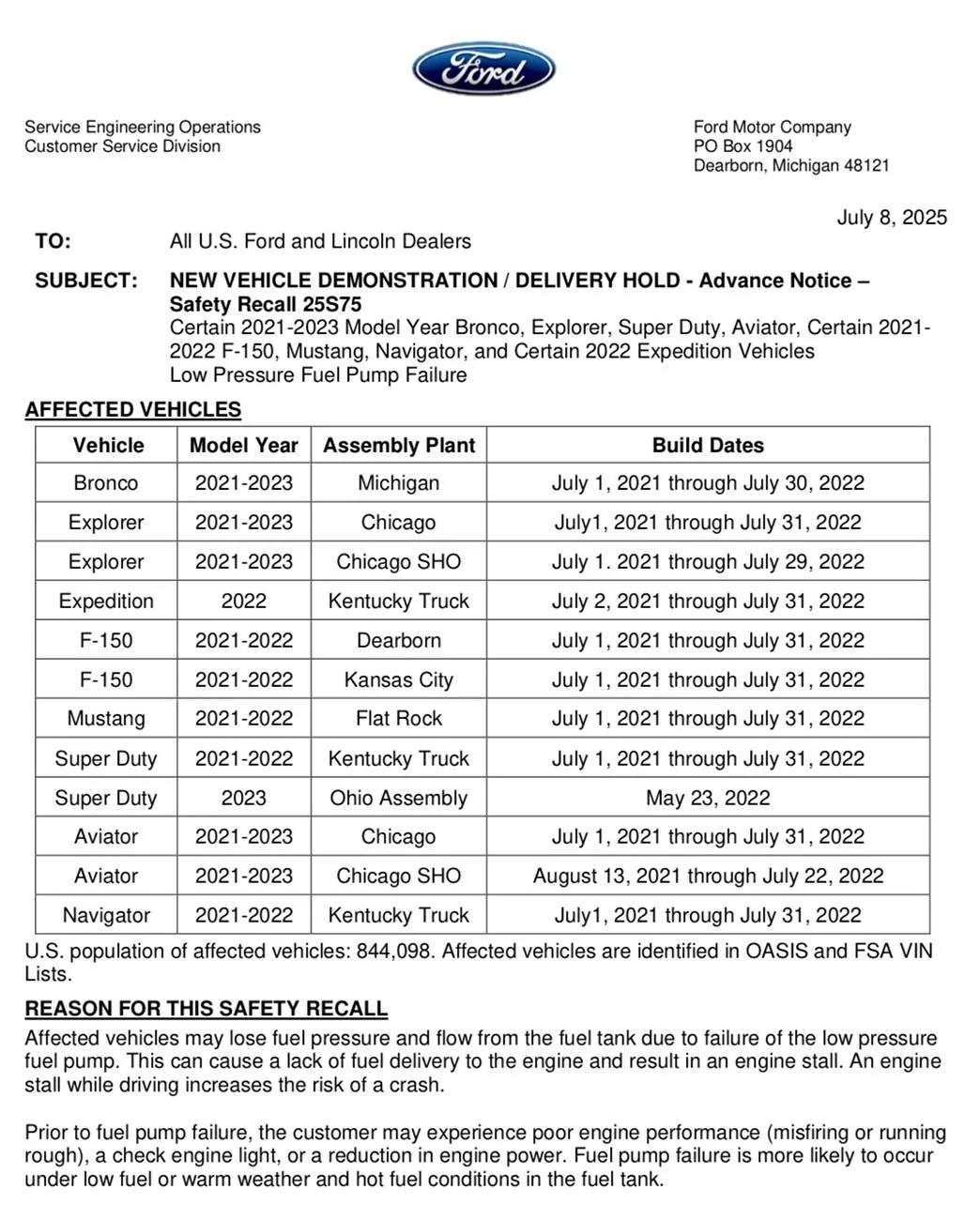 Ford Bronco Low pressure fuel pump failure - recall IMG_8053