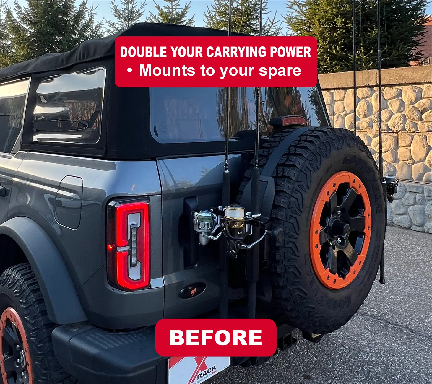 Ford Bronco Double Up Your Rock Slide EZ Rack Spare Tire Carrier with X-Rack Expansion Bracket X-Rack expansion bracket promo - square befor