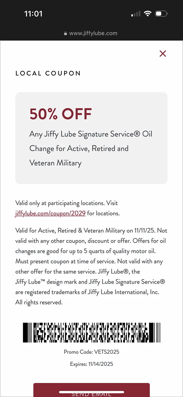 JiffyLube Veteran's Coupon | Bronco6G