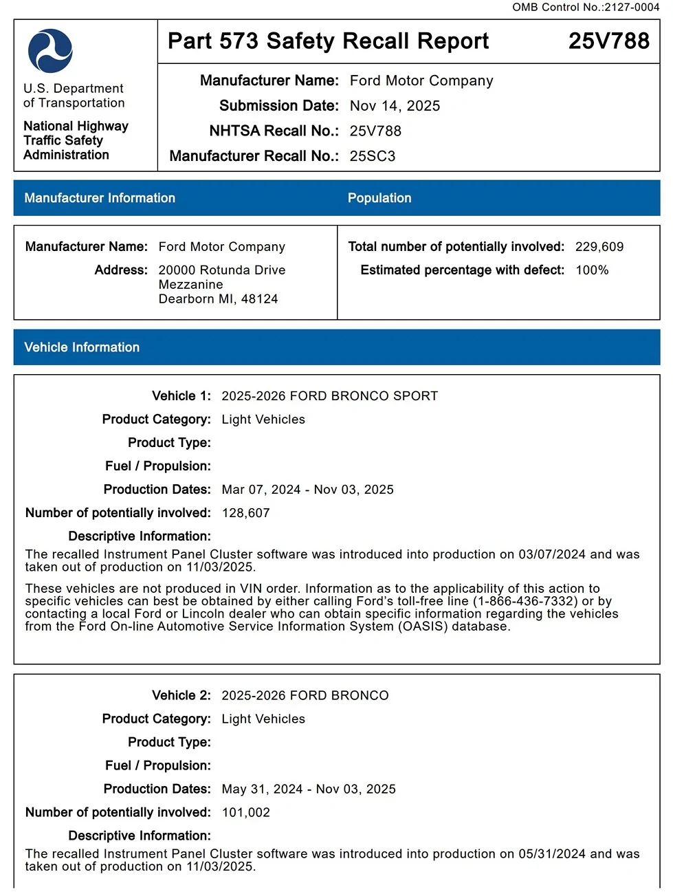 Ford Bronco Sport Recall: Instrument Cluster Panel Display Failure (NHTSA Recall 25V788) -- 2025-2026 Bronco Sport {filename}