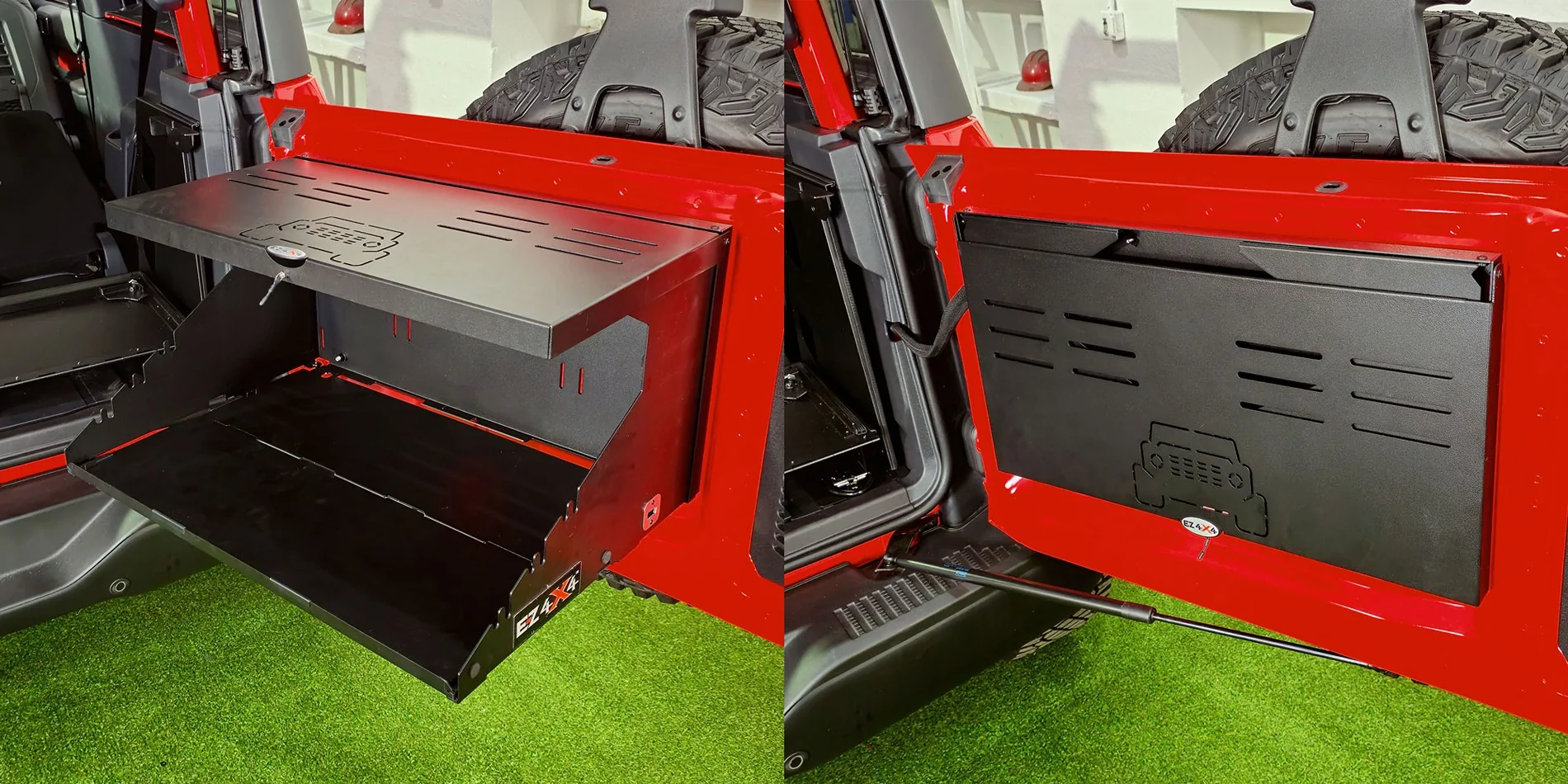 Ford Bronco New EZ4X4 Extreme Tailgate Tables for Bronco — Standard & MOLLE Versions + 20% Off w/ Code 6GBLKFRI EZ4x4-BroncoTailgateTabl