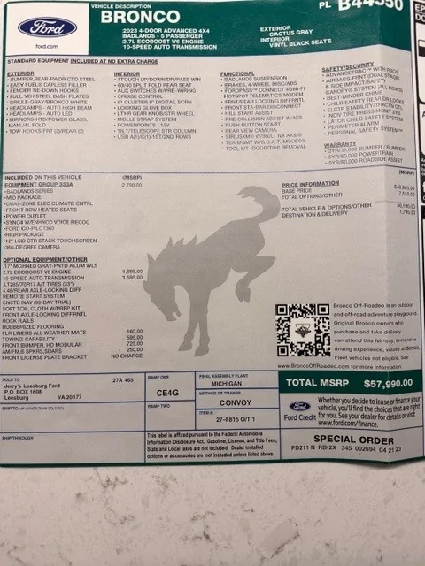 Ford Bronco 4 Door Badlands Coyote Gray Soft top Window Sticker