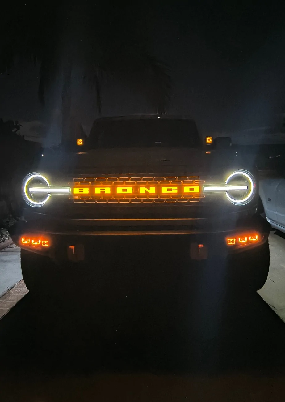 Ford Bronco Putco luminix front emblem lights with black overlay IMG_20260101_204638944_HDR~2