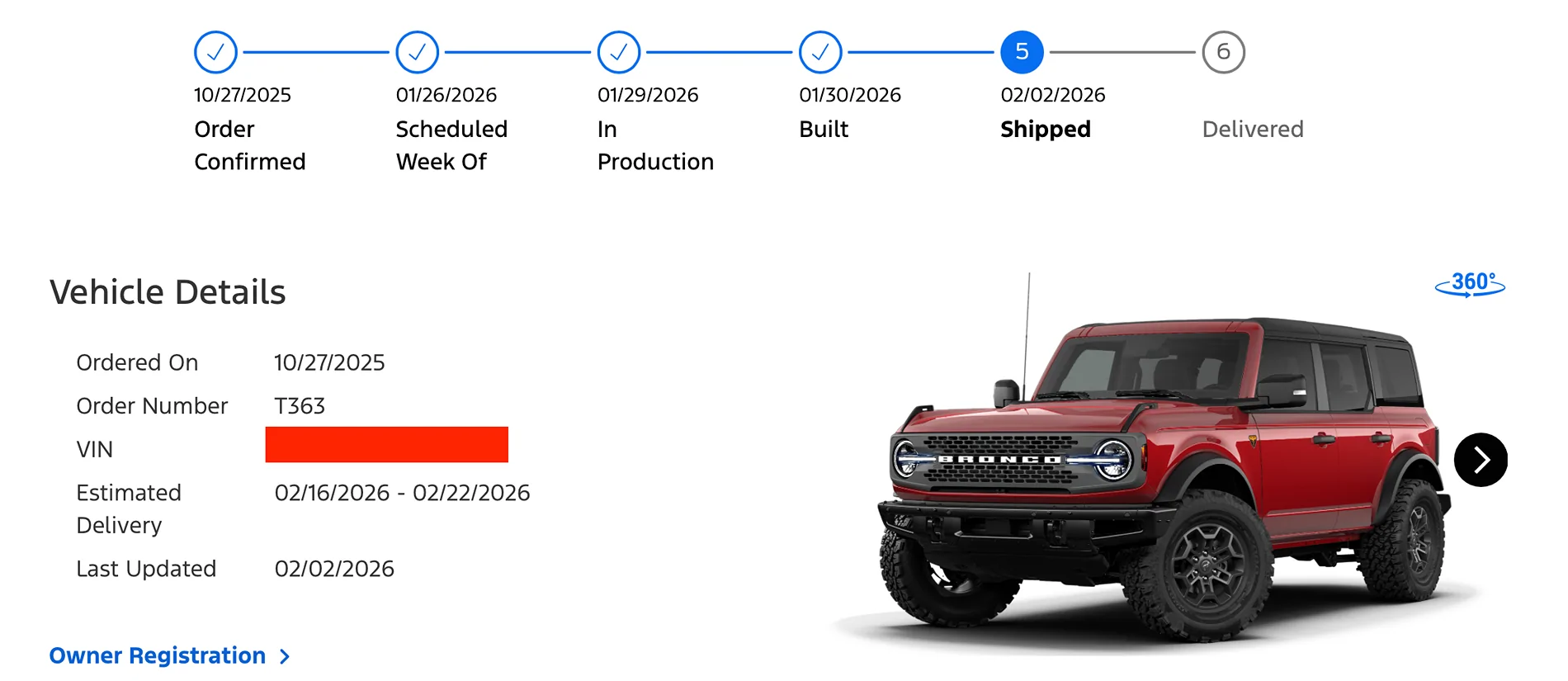Ford Bronco Order placed '26 2dr Badlands Screenshot 2026-02-04 at 9.04.18 AM