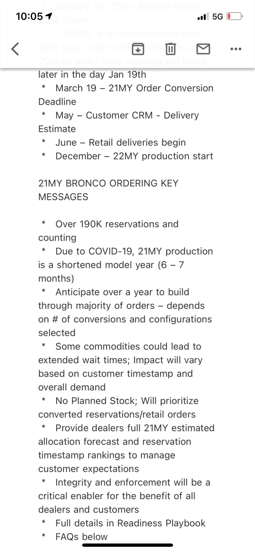 Ford Bronco Bronco team rep's email to dealer GM -- discussing reservations, order conversion, allocations 17265A39-1FE8-4D94-9C37-3638B5651F85