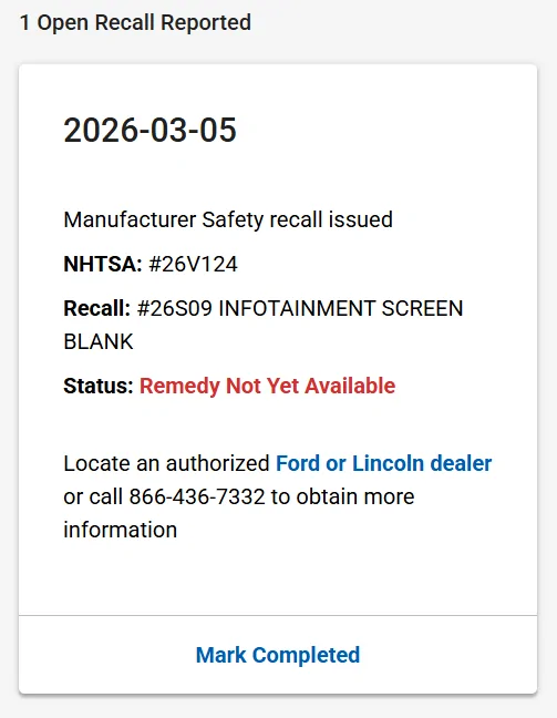 Ford Bronco Infotainment screen recall #26S09 (Infotainment Screen Blank) - 3/5/26 Screenshot 2026-03-05 171547