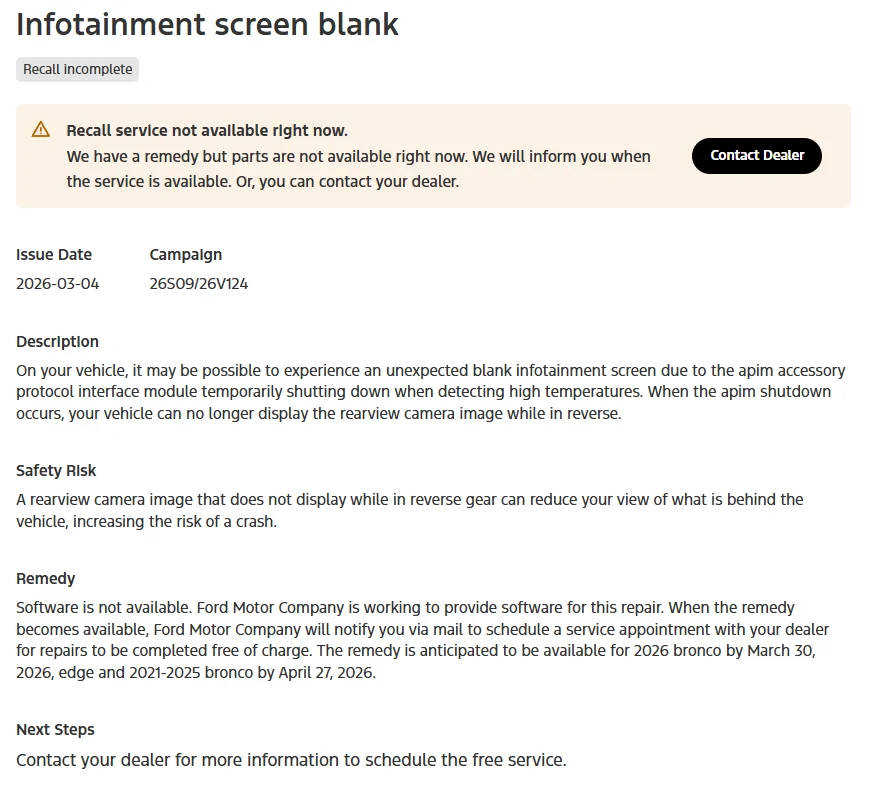 Ford Bronco Infotainment screen recall #26S09 (Infotainment Screen Blank) - 3/5/26 1772768788222-1s