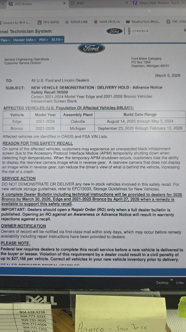 Ford Bronco Infotainment screen recall #26S09 (Infotainment Screen Blank) - 3/5/26 1772792045555-bu