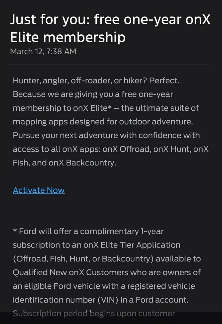 Ford Bronco Free onX Elite membership offer in FordPass app IMG_7626